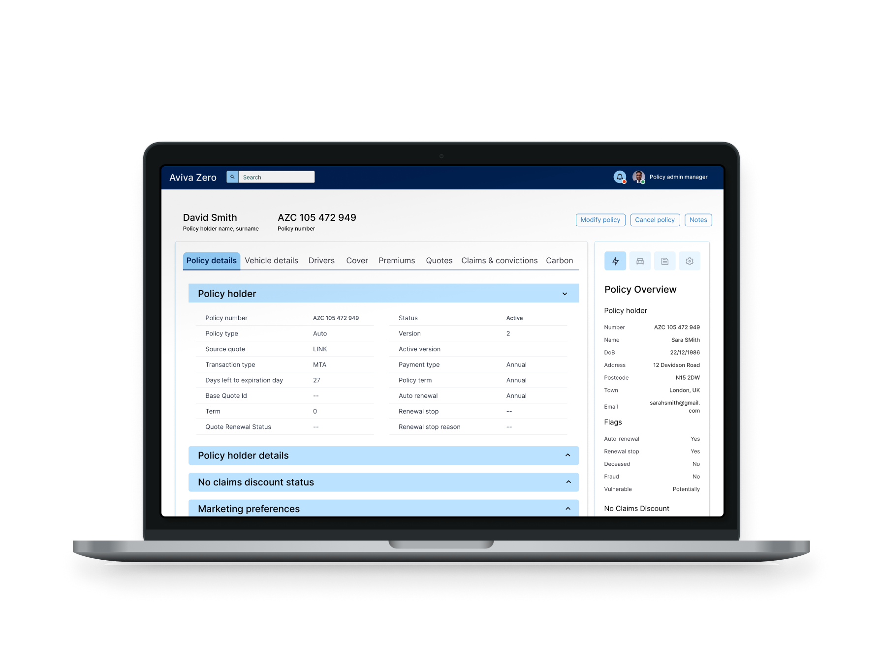 Aviva Zero policy admin dashboard — redesigned interface